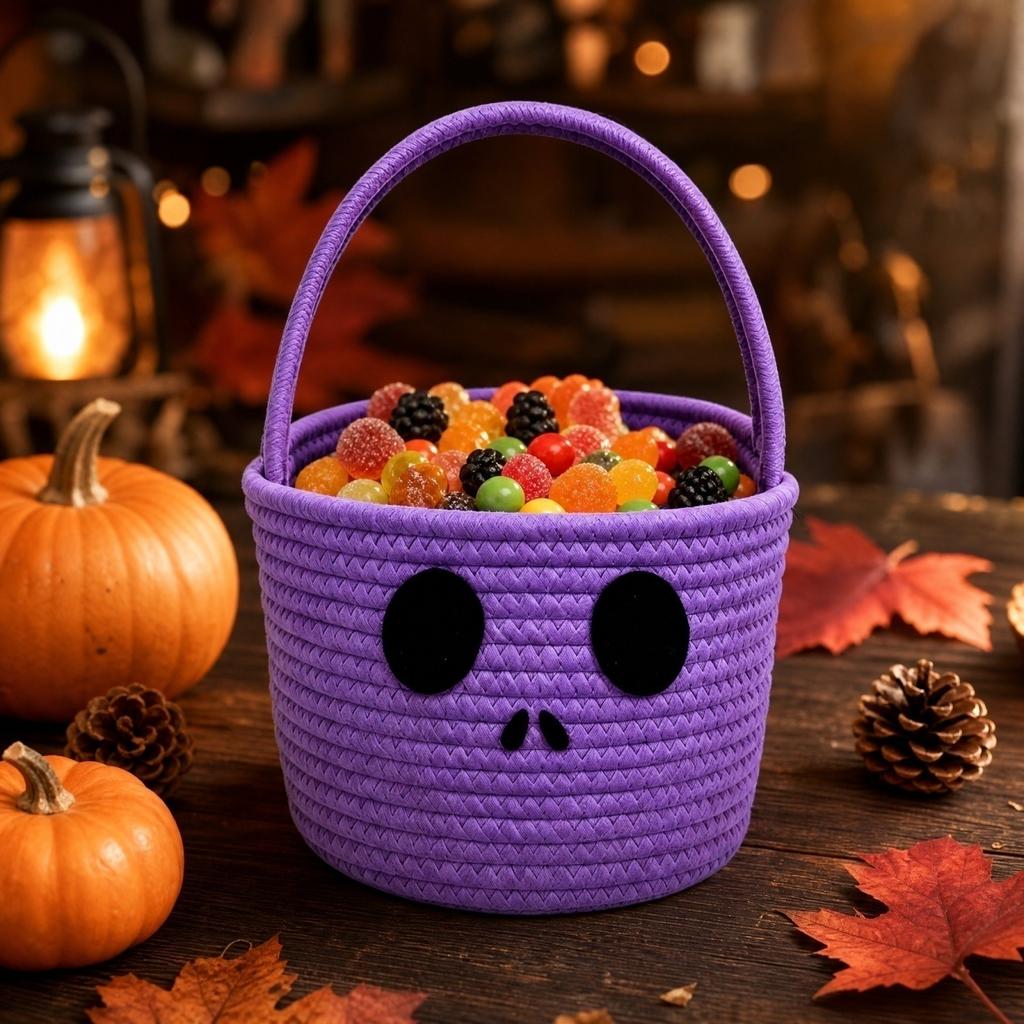 Kinder Halloween Baumwollseil Aufbewahrungskorb Kürbis Handgewebt für Snacks Süßigkeiten und Dekoration