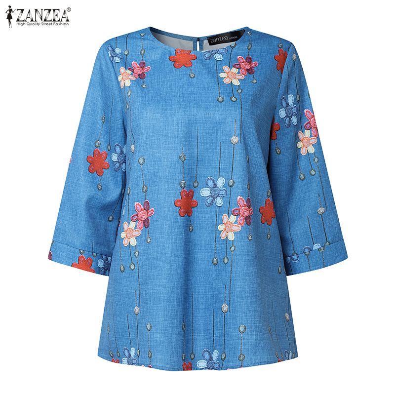 ZANZEA Women Casual Round Neck 3/4 Sleeve Loose Floral Print Blouse