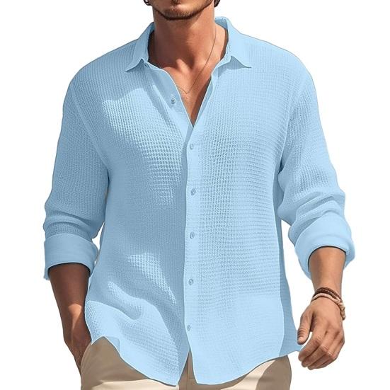 Camisa de otoño y primavera para hombre, camiseta de manga larga con una hilera de botones, Color sólido, cuello vuelto, holgada, suave y transpirable, Top de oficina diario para hombre