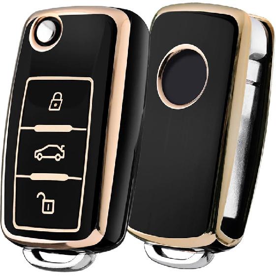 ELOHEI for VW Key Fob Cover, Premium Soft TPU 361 Degree Full Protection for VW Volkswagen Jetta Beetle Tiguan Passat Golf MK6 Polo 3 Buttons(Leather