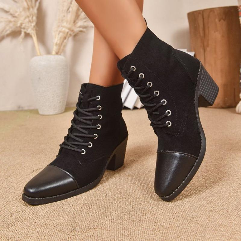 Autumn Booties Women's Fashion Round Toe Paneled Suede Front Lace-Up Block Heel Non-Slip Single Boots