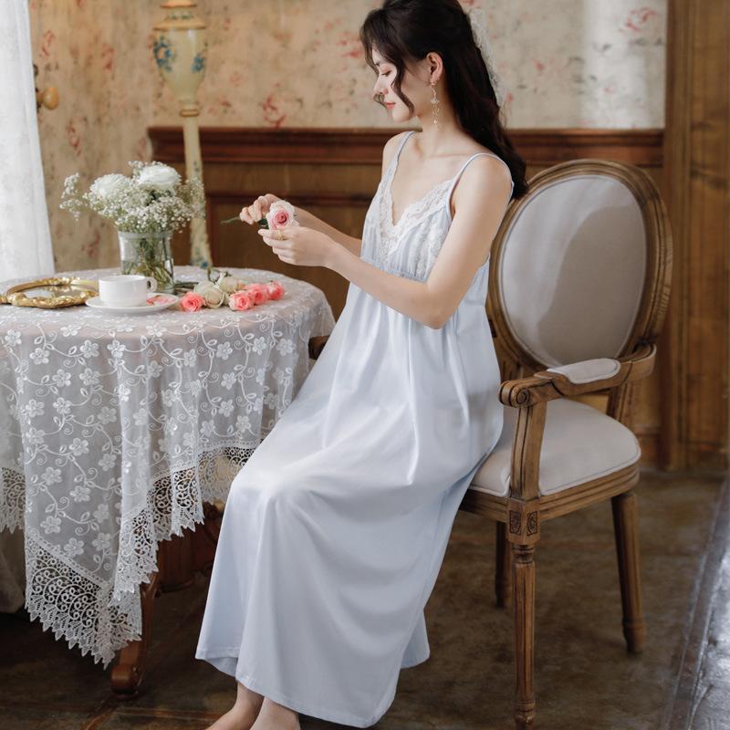Suspender Nightgown Women's Summer Cotton Court Style Sexy Long Dress Lace Princess Pajamas Embroidered Chest Pad Can Be Worn Outside Loungewear