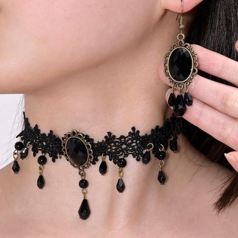 1 Set Dunkler Gothic-Stil Strass Tropfen Quasten Ohrringe & Halskette, Vintage Böhmische Spitze Kette Anhänger Ohrringe
