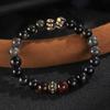 Obsidian Flame & Red Tiger Eye Beaded Bracelet: Mythical Wukong Hand Jewelry with Gold Foil Accents