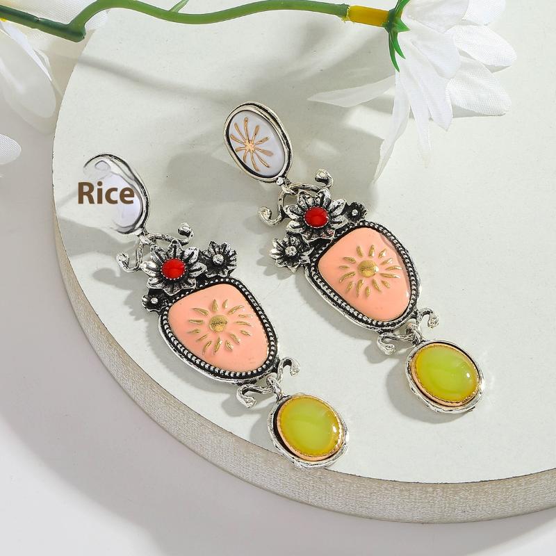 Vintage Exaggeration Alloy Drop Oil Flower Green Beads Dangle Earrings Bohemian Style Charm Holiday Party Jewelry Accessories