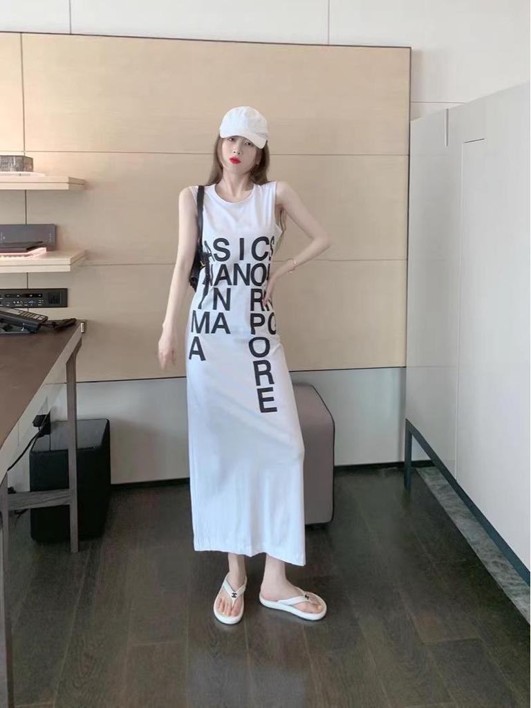 Summer Sleeveless French Letter Split Long Dress - Women's Loose Over-the-Knee Skirt