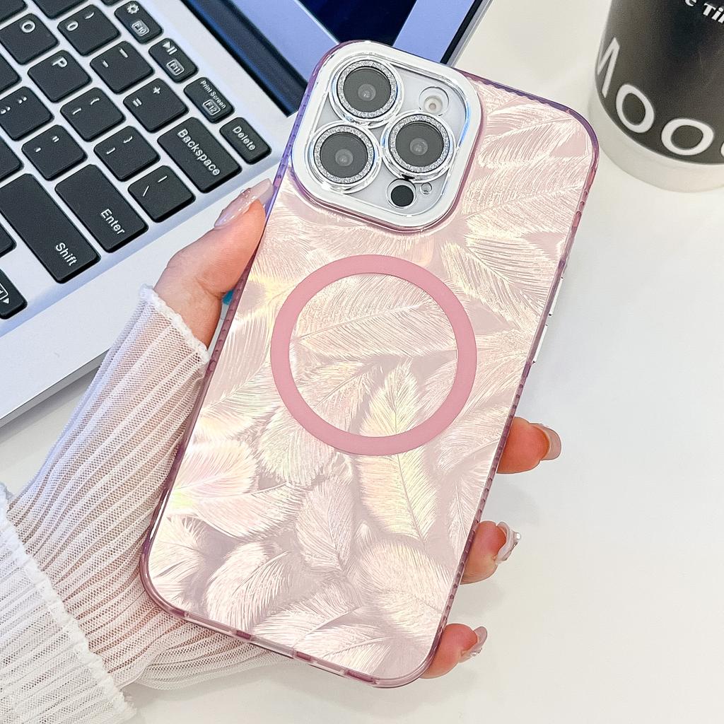 Feather Pattern Suitable for IPhone16promax Magnetic Phone Case Apple 15 with Electroplated Flash Powder Lens Film