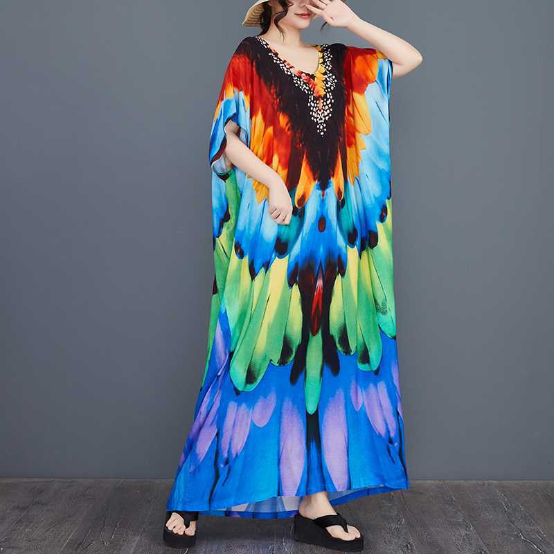 Tištěné sváteční šaty Volné šaty s netopýřími rukávy Nadměrná velikost