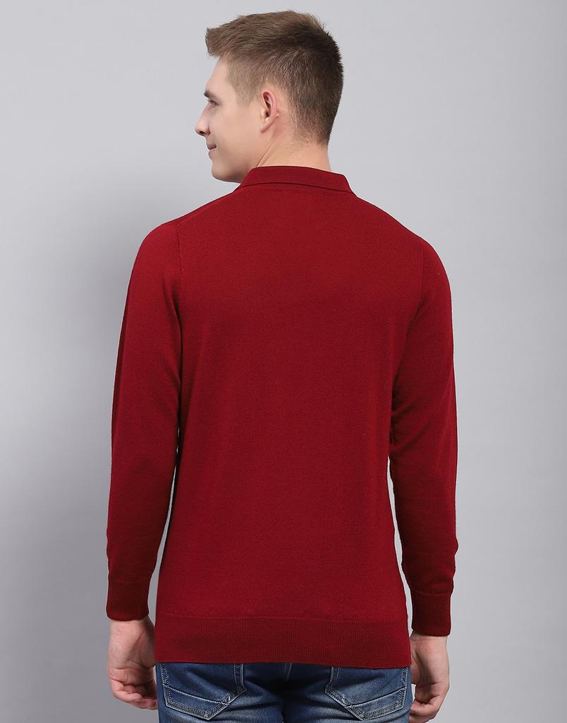 MONTE CARLO Mens Solid Maroon Collar Neck Full Sleeve T-Shirt