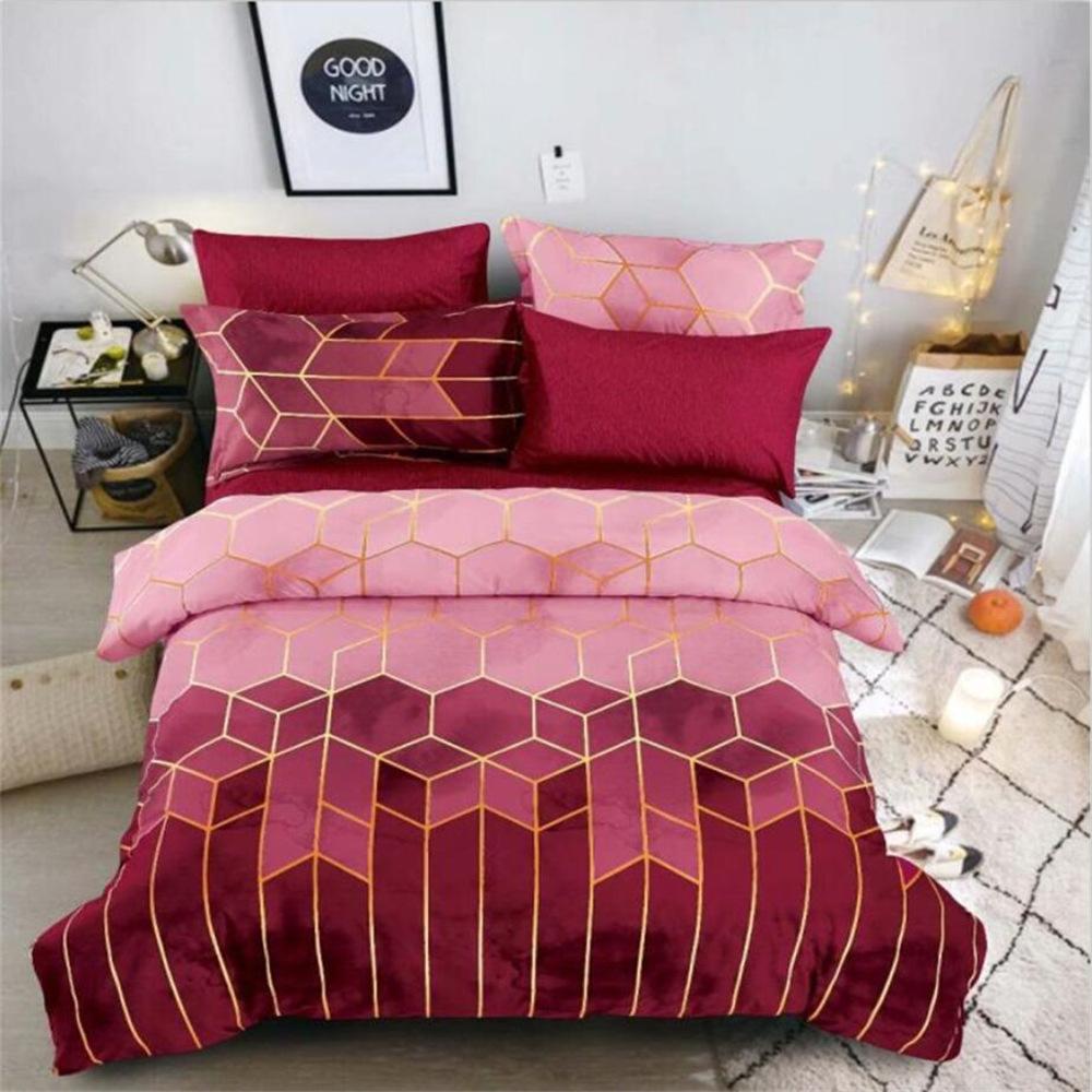Gold Line Geometric Rhombus Color Grid Three-Piece Quilt Cover, Pillowcase, Reverse Solid Color Kit Bedding