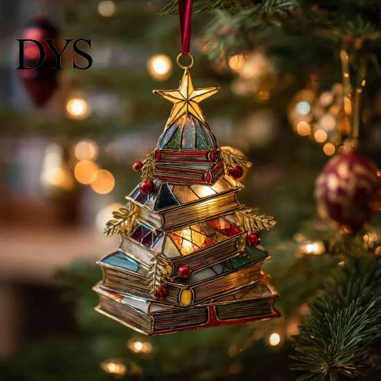 Decorative Xmas Ornaments for Fireplace Christmas Tree Book Ornament, Acrylic Shaped Stack Hanging Decoration Wall Decorations with Star Topper,