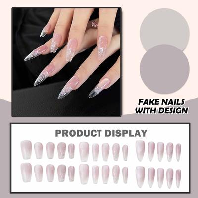 Kobiety naciśnij na paznokcie Średnie sztuczne paznokcie z wzorami Nude Stick na paznokciach akrylowych Błyszczące sztuczne paznokcie z pełnym pokryciem