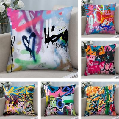 Colorful Graffiti Fashion Cushion Cover Plush Fabric Soft DoubleSided Printed Sofa Warm Winter Home Child Gift Pillow Case