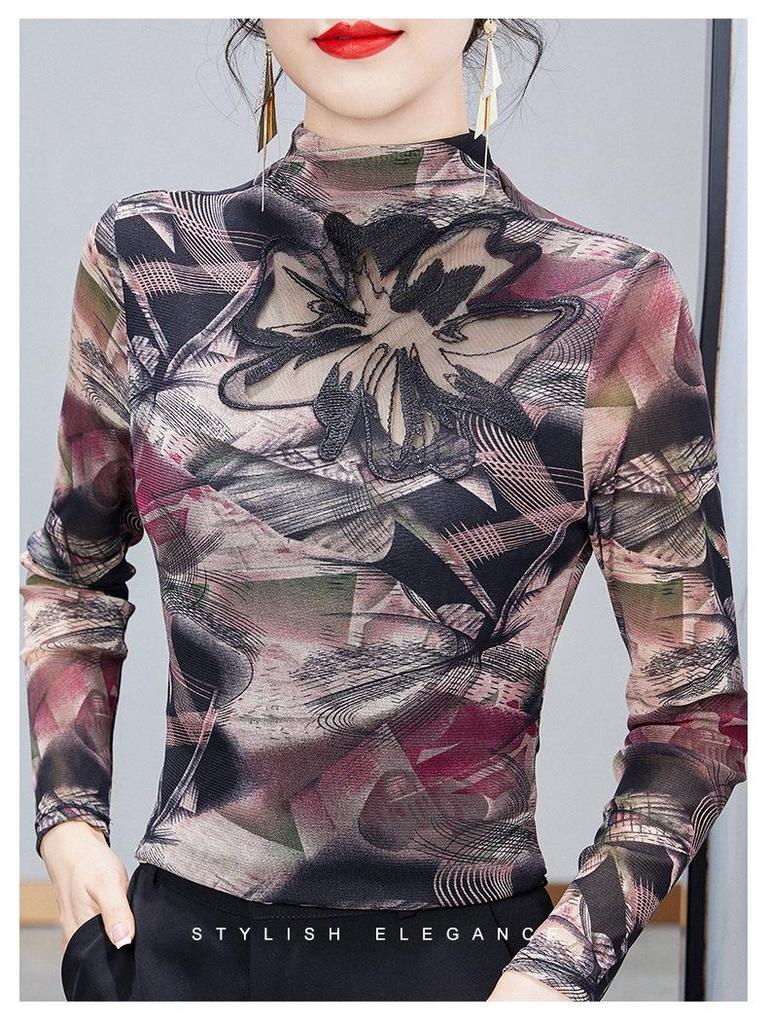 2025 Spring & Autumn Fashion Semi-High Neck Mesh Slimming Top for Moms