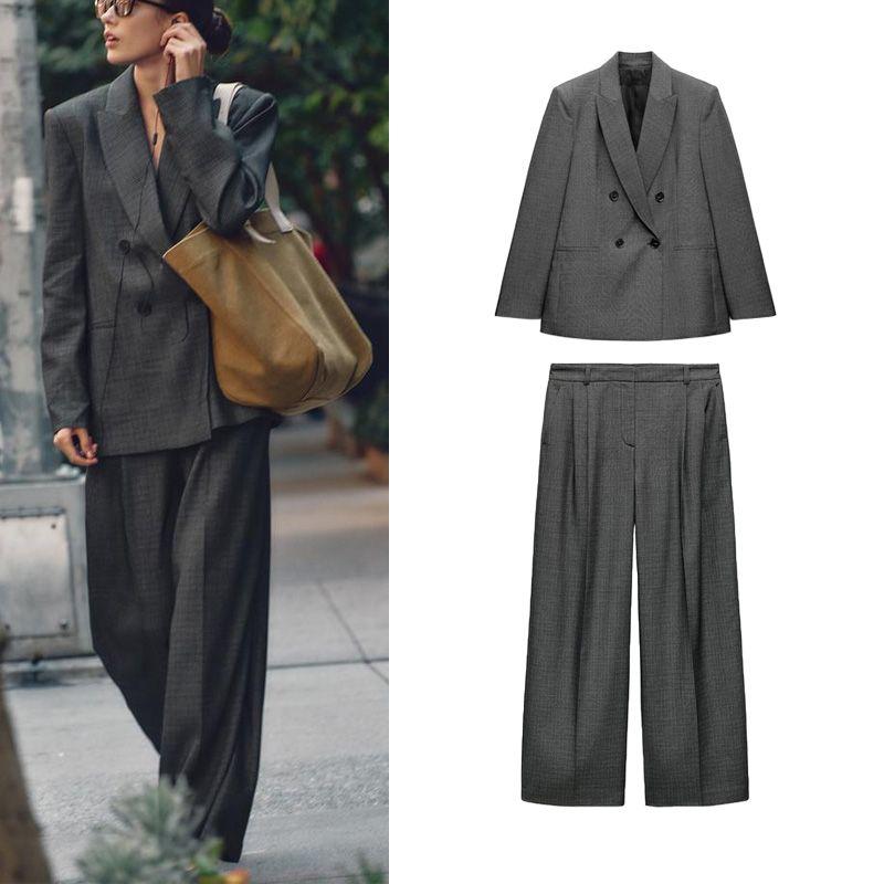 Spring New Arrival Women's Pleated Wide Leg Pants 9109591 with Padded Shoulder Double Breasted Suit Outwear 9115591