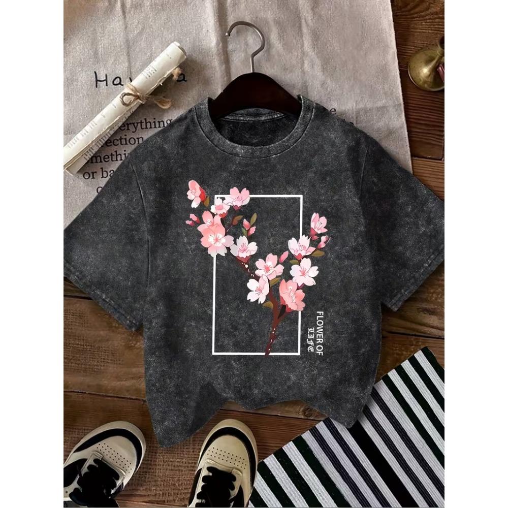 Washed Cotton Cherry Blossom Print T-Shirt Retro Floral Graphic Tee Casual Loose Short Sleeve for S
