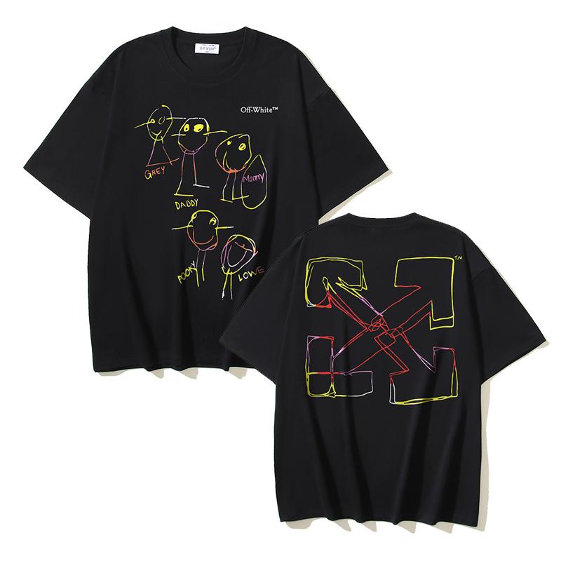 

Off-White 2025 Summer New Colorful Cartoon Pattern Printed Short Sleeved T-shirt for Men and Women XL чорний