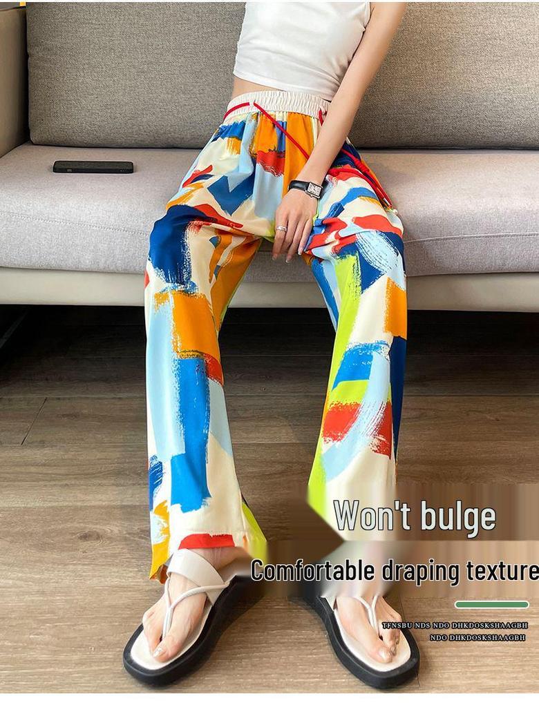 Plus Size Women's High-Waisted Tie-Dye Wide-Leg Summer Pants - Ice Silk, Slimming, Casual, Loose, and Draping.