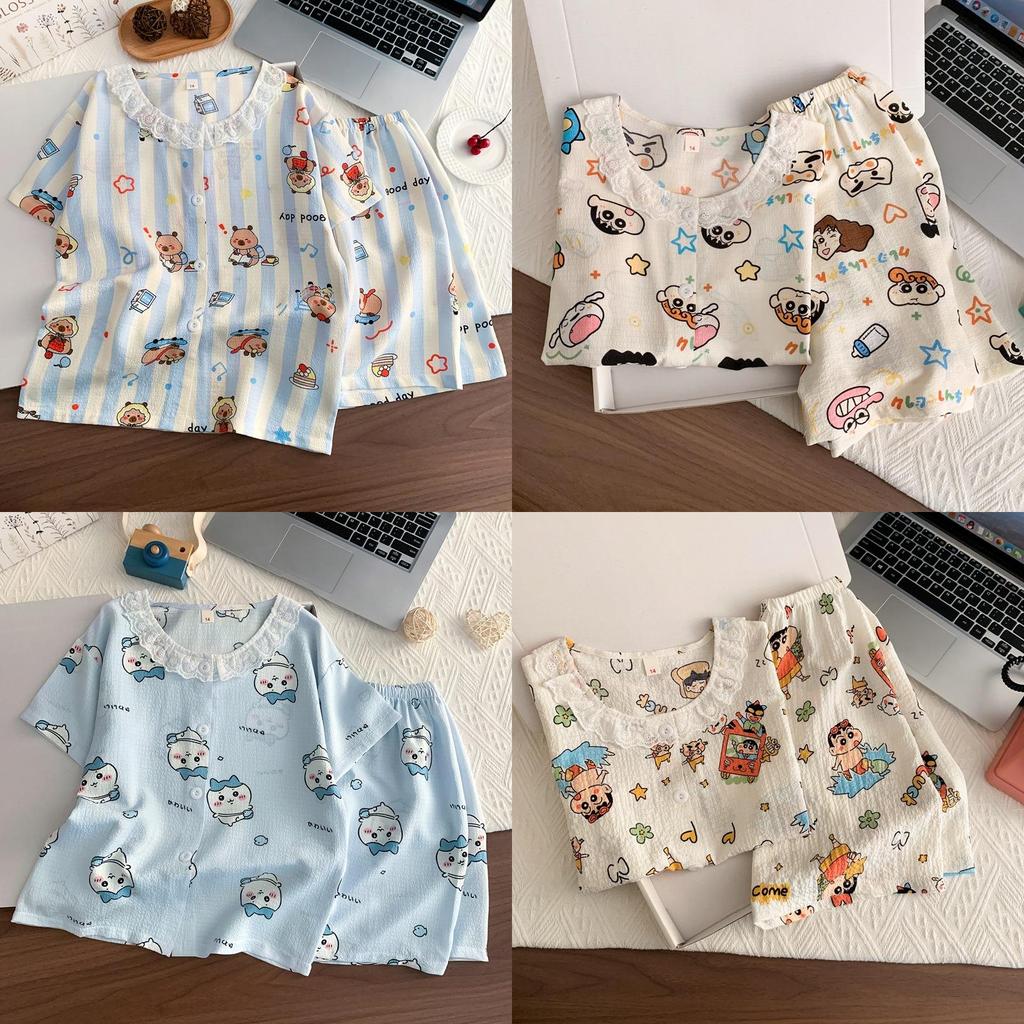 Crayon Shin Chan Hachiware Labubu Kinder-Schlafanzug-Set Aus Blasenbaumwollstoff Für Sommerlichen Komfort