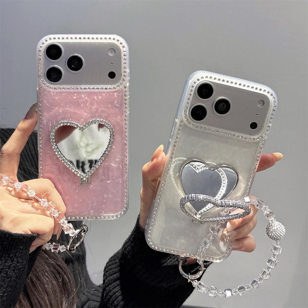 Wrist Strap Love Heart Mirror Diamond Bling Holder Phone Case for IPhone 17 16 15 Plus 14 13 12 11 Pro Max Protective Cover