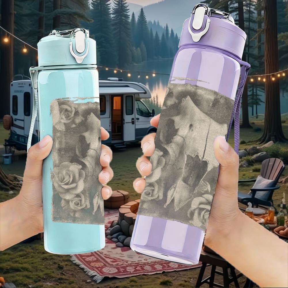 1PC Faded building monochrome sketch print 750ml colorful plastic sports water bottle leakproof pop up lid with straw for outdoor work home use