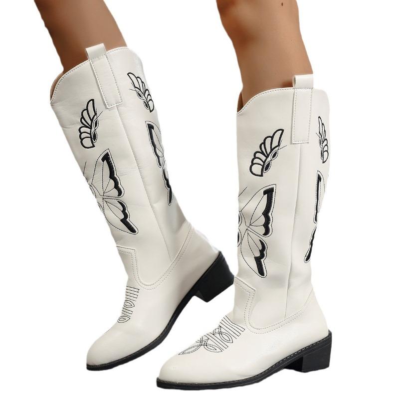 New Autumn Medium Boots Retro Embroidered Flower Large Size Knight Boots Martin Women's Boots