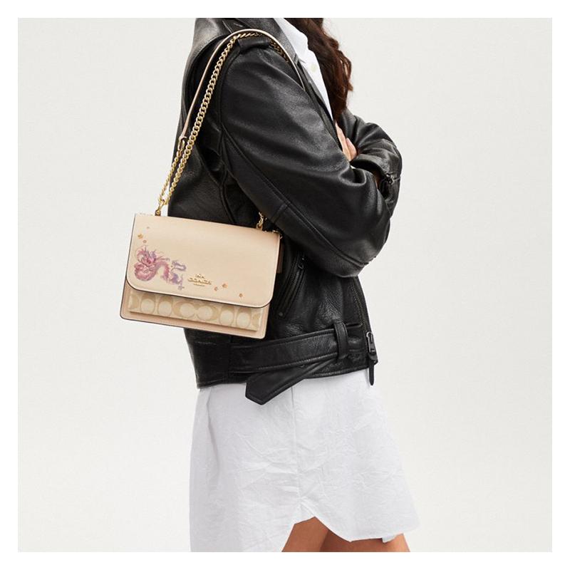 Coach Klare 21 Year of the Dragon Print Classic Presbyopic Flap PVC with Cow Leather Shoulder Crossbody Bag Small Women's Khaki