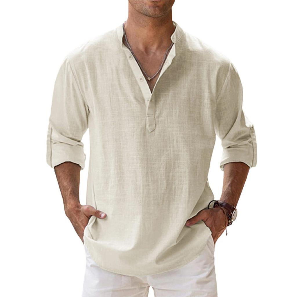 Four Seasons Long Sleeve Loose Button Cotton Hemp Cardigan Shirt Man