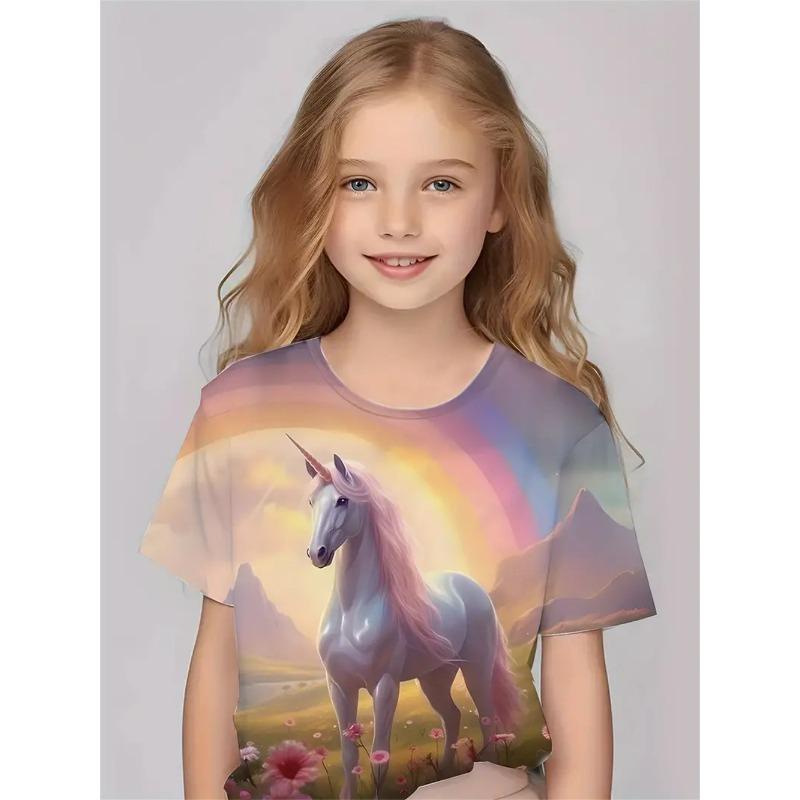 2025 Casual T-Shirts Girls' Clothing New Funny Animal Horse 3d Print Girls' T-Shirts Party Fashion Short Sleeved Tops Tee