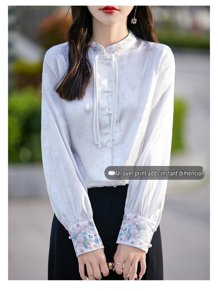 Damen Satin Stickerei Chinesischer Stil Hemd mit Stehkragen und elegantem Druck