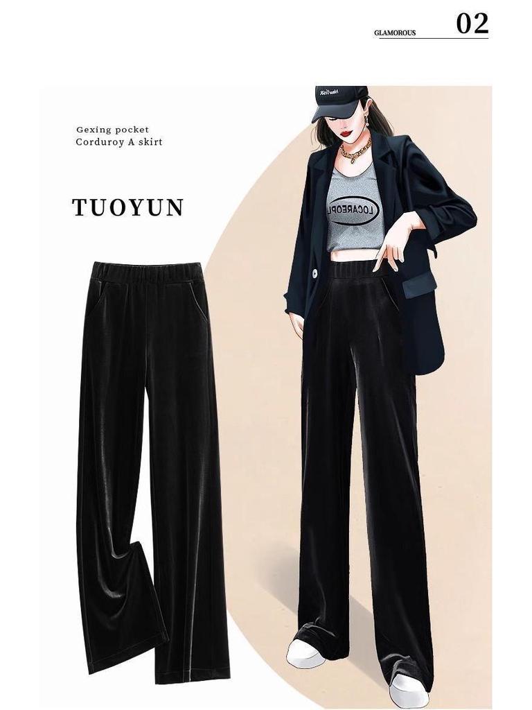 Pantaloni Larghi a Vita Alta Elasticizzata in Velluto Dorato da Donna - Taglie Forti Casual per Primavera/Autunno