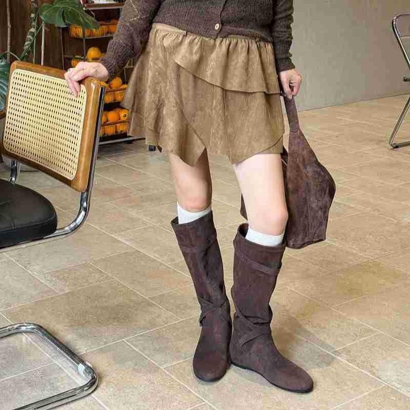 Autumn and winter new retro heightening cm~ round head buckle with soft folds and thin high boots, thin boots