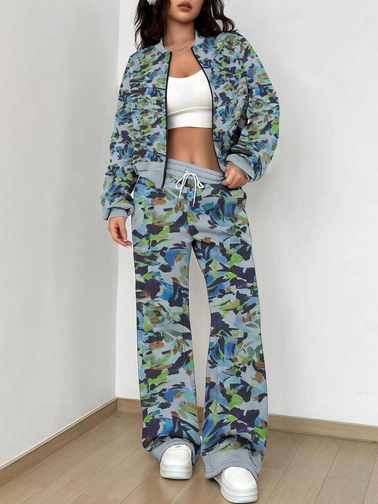 Simple Popular Autumn and Winter New European and American Women's Clothing Yellow-green Camouflage Printing Suit Women