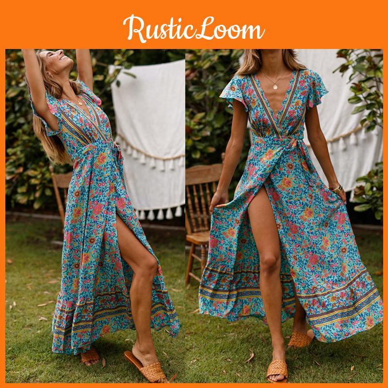 Women Wrap Summer Boho Floral Paisley Maxi Print Dress For Effortless Style