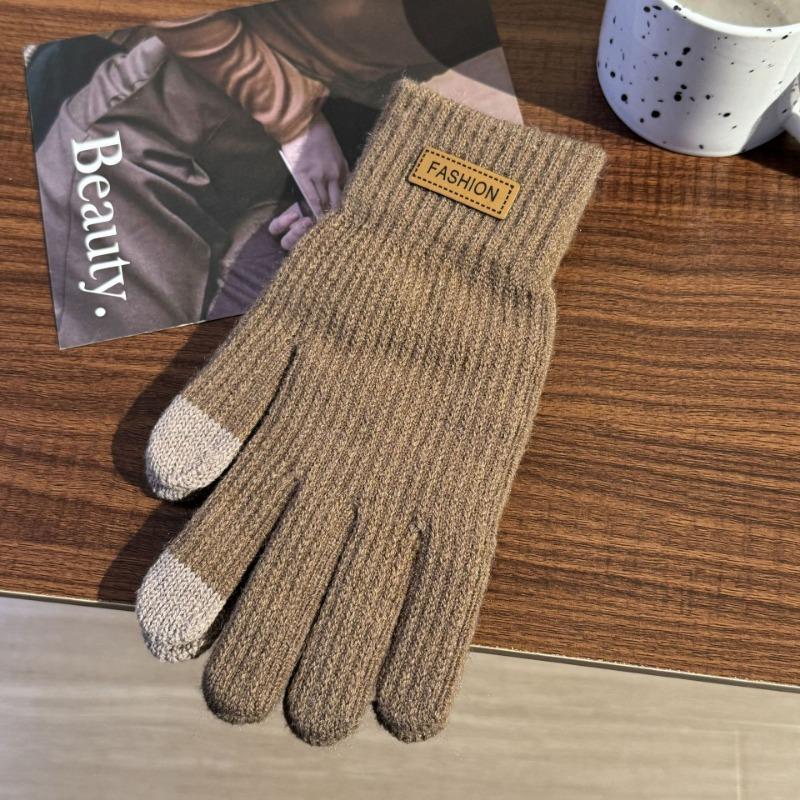 Women's winter touch screen gloves, piled and thickened warm cycling cold-proof wool knitted outdoor men's five-finger gloves