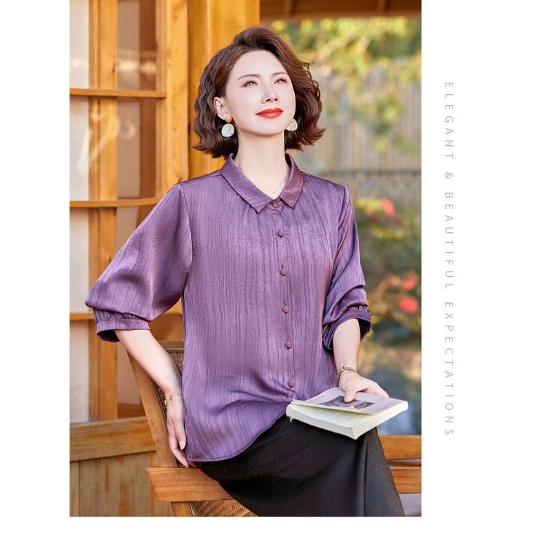 Damen Freizeit Hemdbluse Halbarm Lockerer Schnitt Einfarbige Sommerbluse für Mittleren Alters