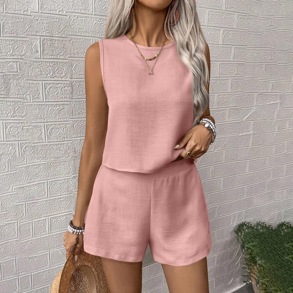 Women's Summer Solid Colour Vest Sleeveless Top Shorts Set