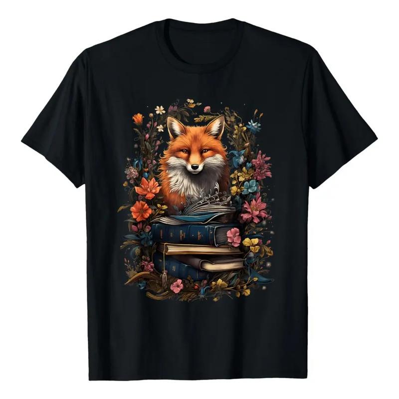 Camiseta Cottagecore Fox Con Libros Y Flores Para Amantes De S
