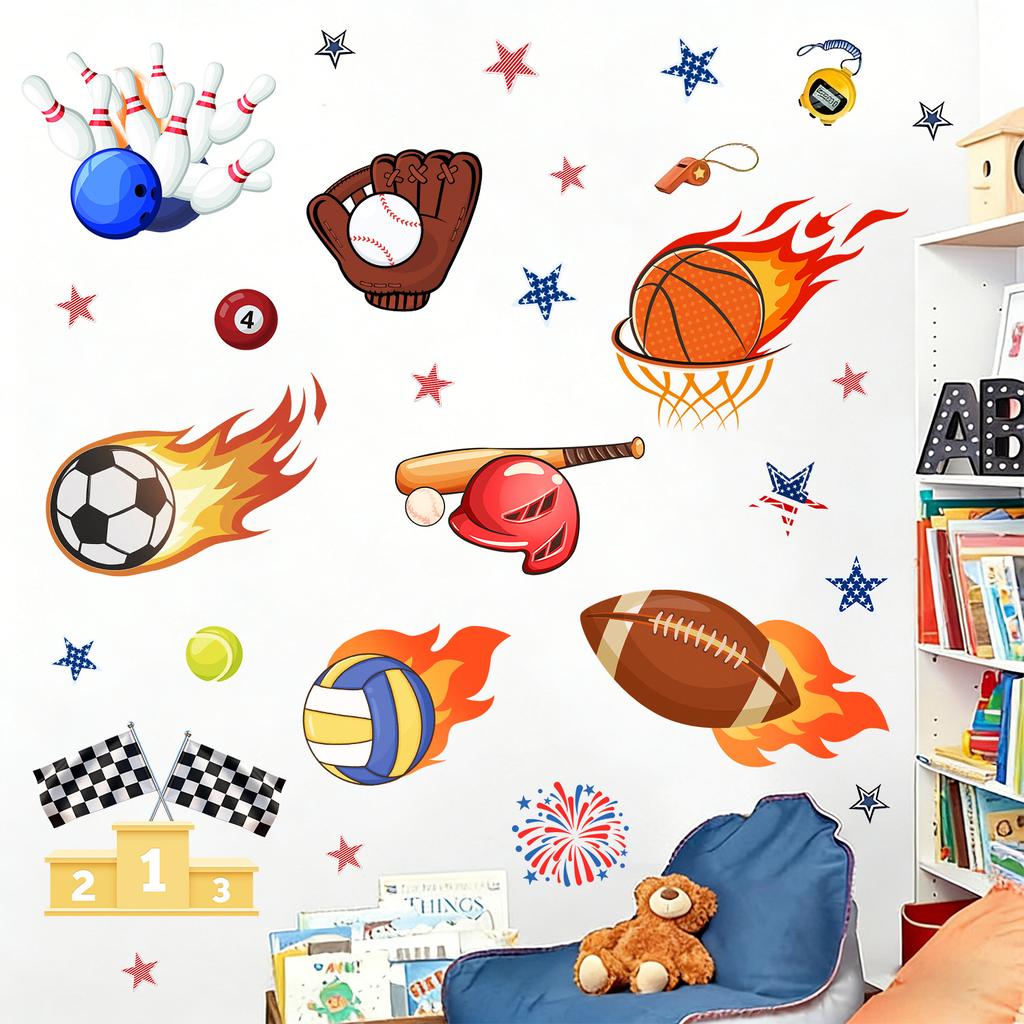 Self-adhesive Wall Stickers Creative Flames and Sports Balls for Kids Room Bedroom Living Room Study Bathroom Decor