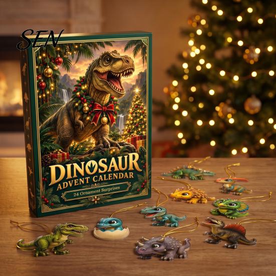 Acrylic Dinosaur Ornaments Christmas Countdown Calendar, 24Pcs Ornament Set with Cute Gift for Lovers Dino Designs, Holiday Tree Hanging Decor