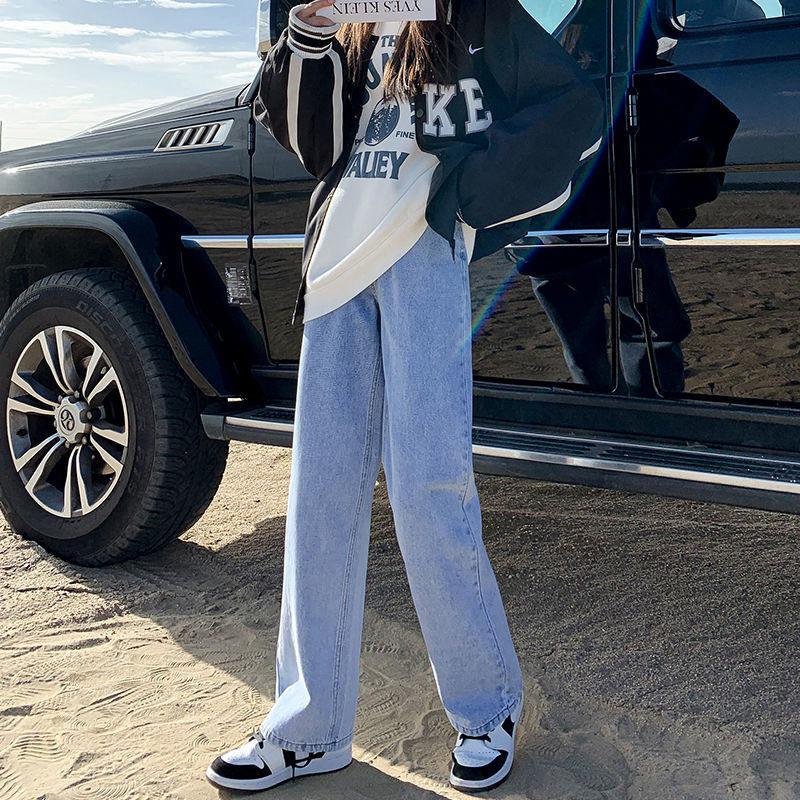 

Женские джинсы корейского стиля с высокой талией и широкими штанинами 2021 года — осенний стиль, облегающий крой, длина до пола, универсальные, свободные и прямые S