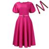 Women's Round Neck Puff Short Sleeve Midi Dress Loose Fit High Waist Elegant Solid Color A Line Dress Daily Casual Dress