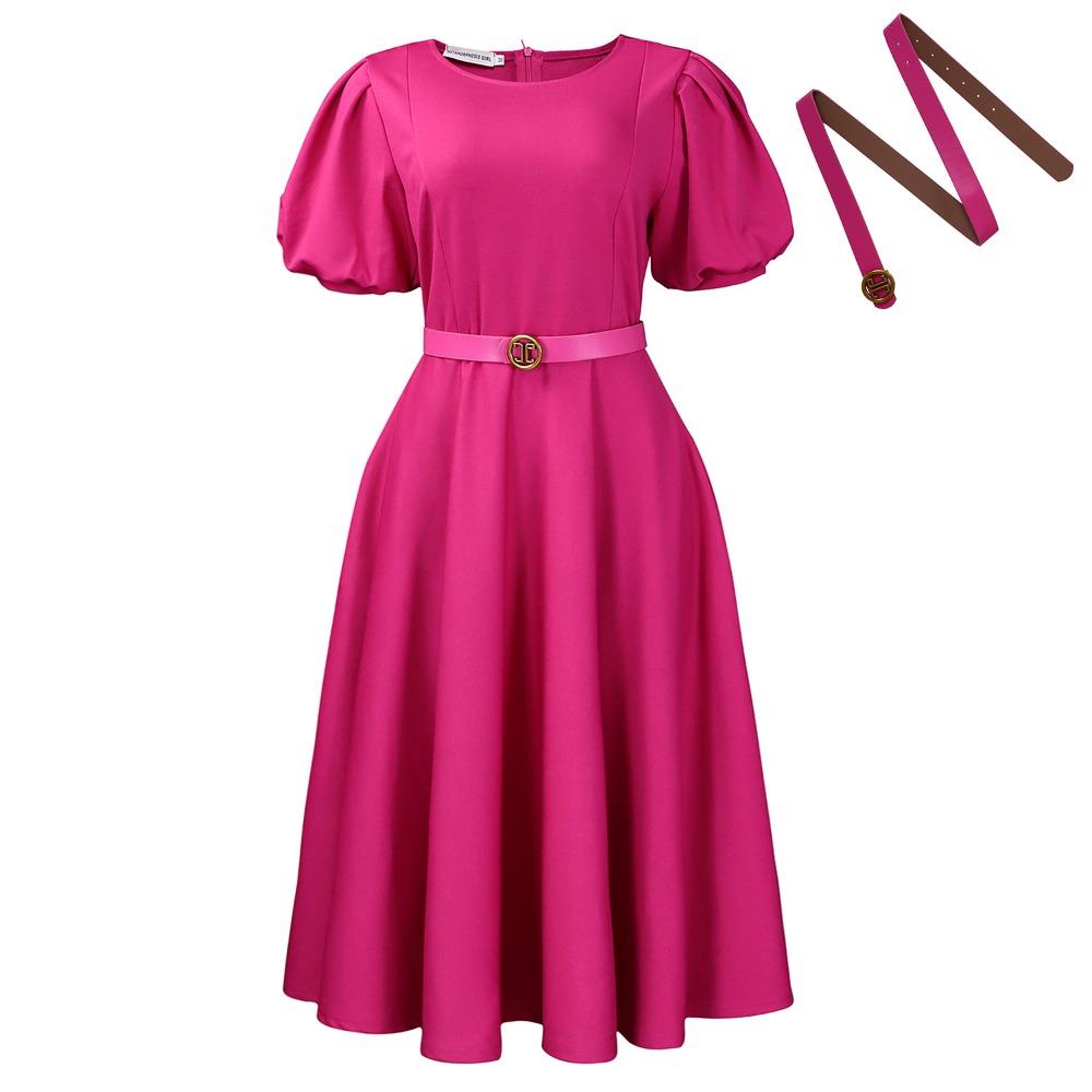 Women's Round Neck Puff Short Sleeve Midi Dress Loose Fit High Waist Elegant Solid Color A Line Dress Daily Casual Dress
