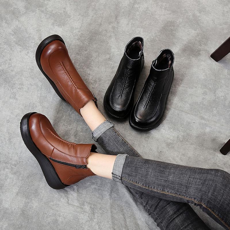 Classic Black Cow Leather Boots Ankle Fur Sneakers Woman Waterproof Platform Rain Boots Round Toe High Heeled Ankle Snow Shoes