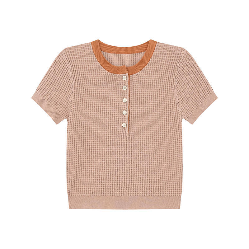 Women s Polo Collar Short Sleeve Knit Top Slim Fit Casual Color Block Waffle Knit Sweater XS