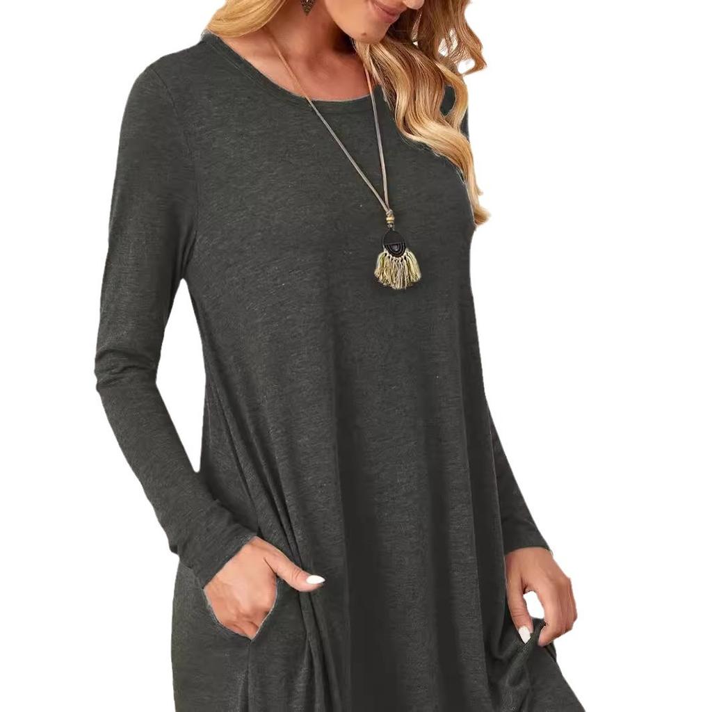 Women's Dress Long Sleeve Round Neck Mid-length Curved Hem Elegant Dress