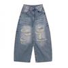 High-Waisted Wide Leg Distressed Denim Pants Men Women Streetwear Loose Fit Jeans