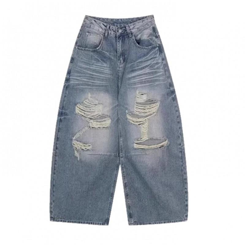 High-Waisted Wide Leg Distressed Denim Pants Men Women Streetwear Loose Fit Jeans