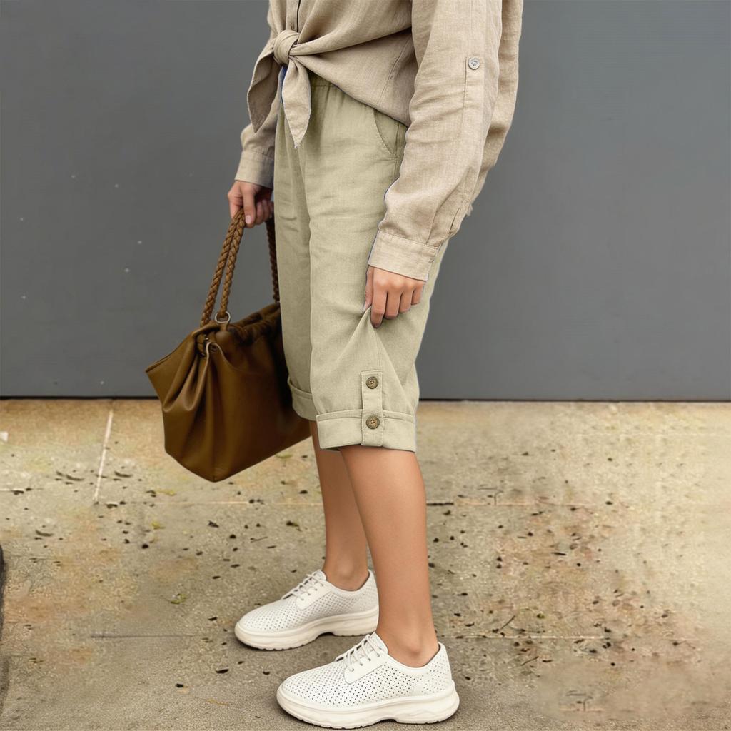 Women’s Casual Loose Fit Capri Pants Cotton Linen Elastic Waist Cropped Trousers with Pockets and Button