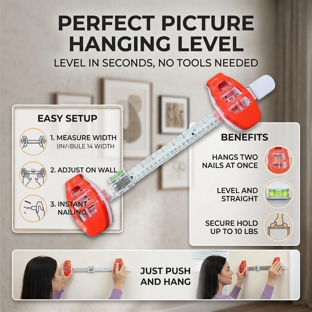 Picture Frame Hanger with Level Tool Installation Device for Wall Art Including Measuring Ruler Built-in Level and Nail Pusher